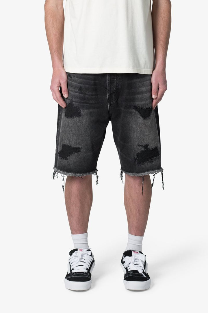 MNML Baggy Rip Denim Shorts - Washed Black