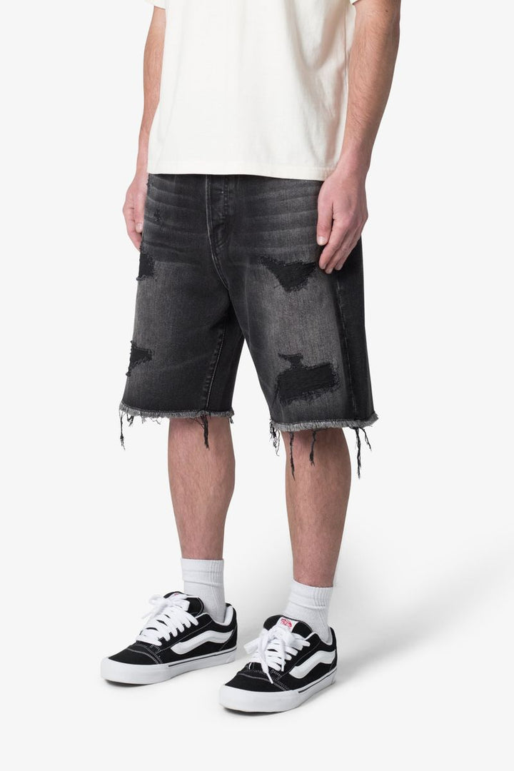 MNML Baggy Rip Denim Shorts - Washed Black