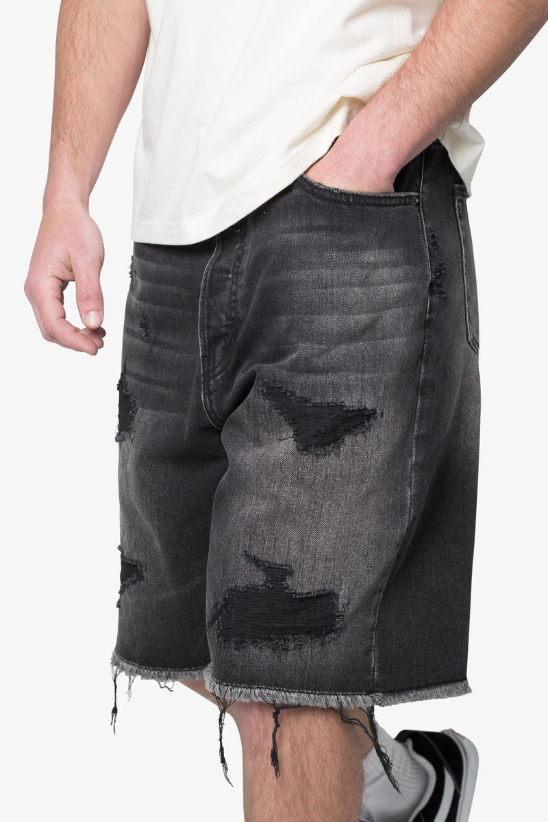 MNML Baggy Rip Denim Shorts - Washed Black