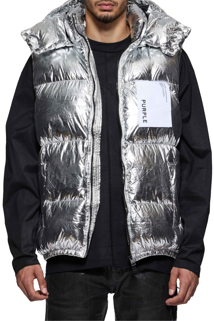 Purple Brand M6002 Silver PNSL125 Silver Foil Puffer Vest - Silver